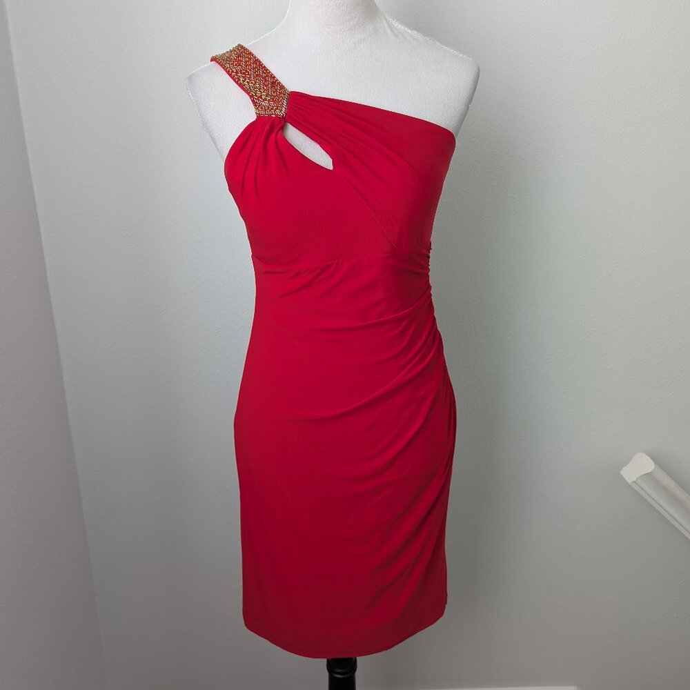 Cache Red One Shoulder Sequin Dress, 4
